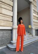 KENDİNDEN DESENLİ KRINKILL GÖMLEK - PANTOLON TK - Orange resmi